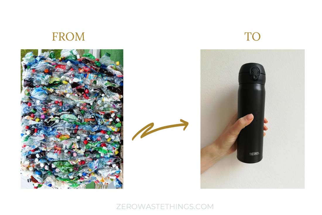 Swapping plastic bottles to a reusable water bottle.
