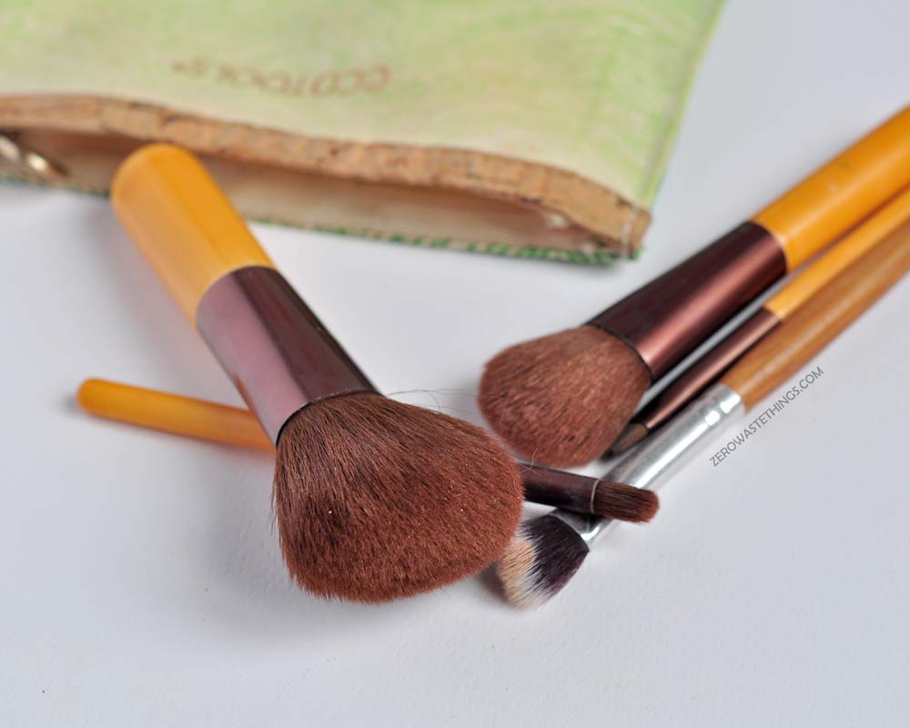 Ecotools review and other zero waste makeup brushes with wooden handles.