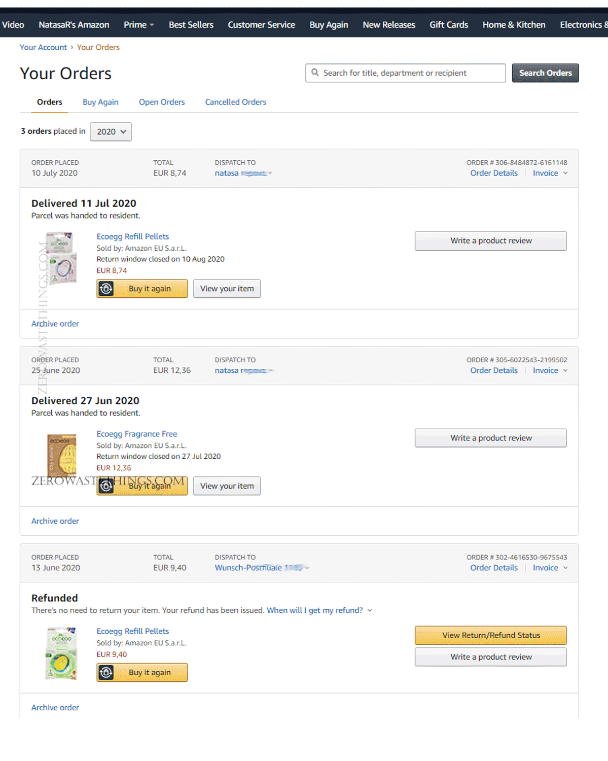 Personal Amazon account showing purchase of sustainable laundry products. This is not a sponsored review. 
