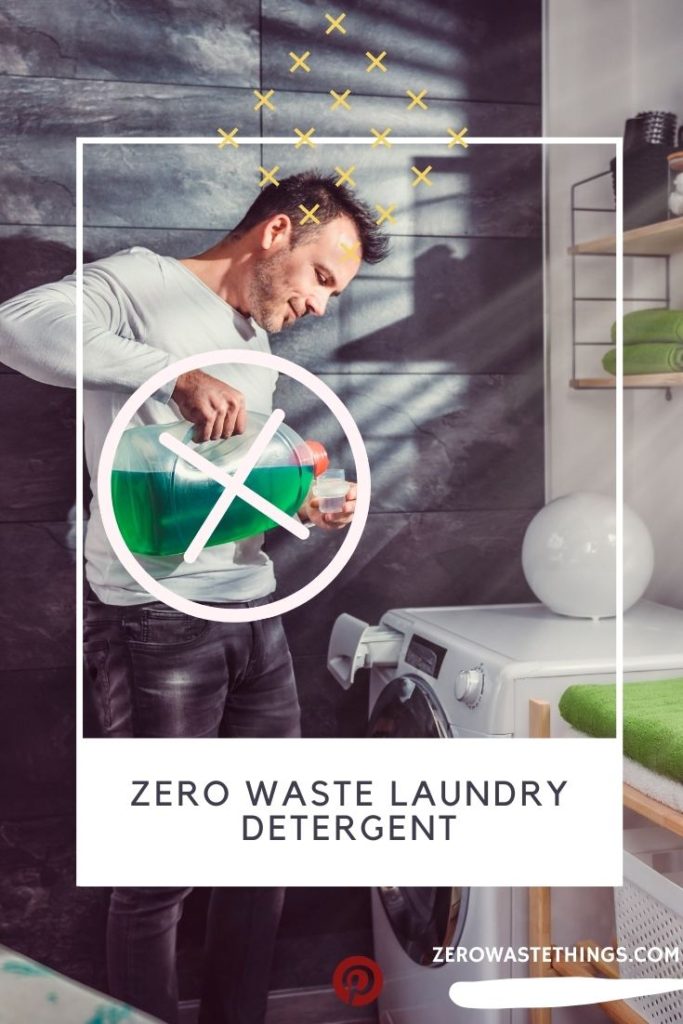 Man doing laundry with using plastic packaging that could be reduced. 