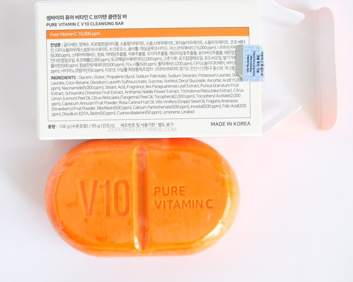 Some By Mi Vitamine C soap bar as a low waste alternative to face wash. Back side of the box with ingredients and bar of orange soap.